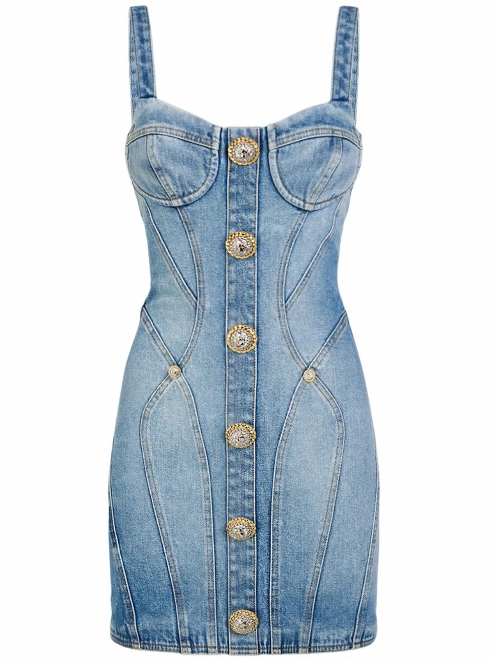 Balmain Panelled Light Blue Denim Button-Front Mini Dress 34FR/XS/US2